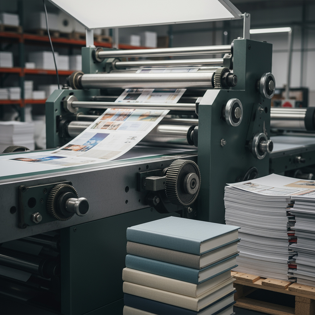 Boekdrukpers met hardcover boeken en gedrukte pagina's